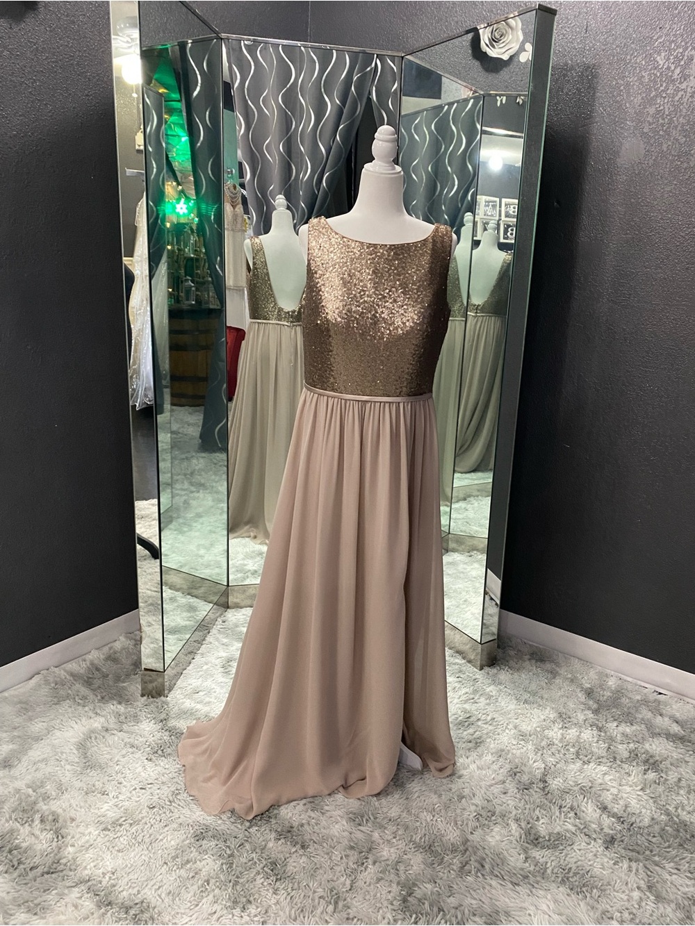 Christina Wu Bronze and Taupe Sequin Bodice Chiffon Maxi Gown